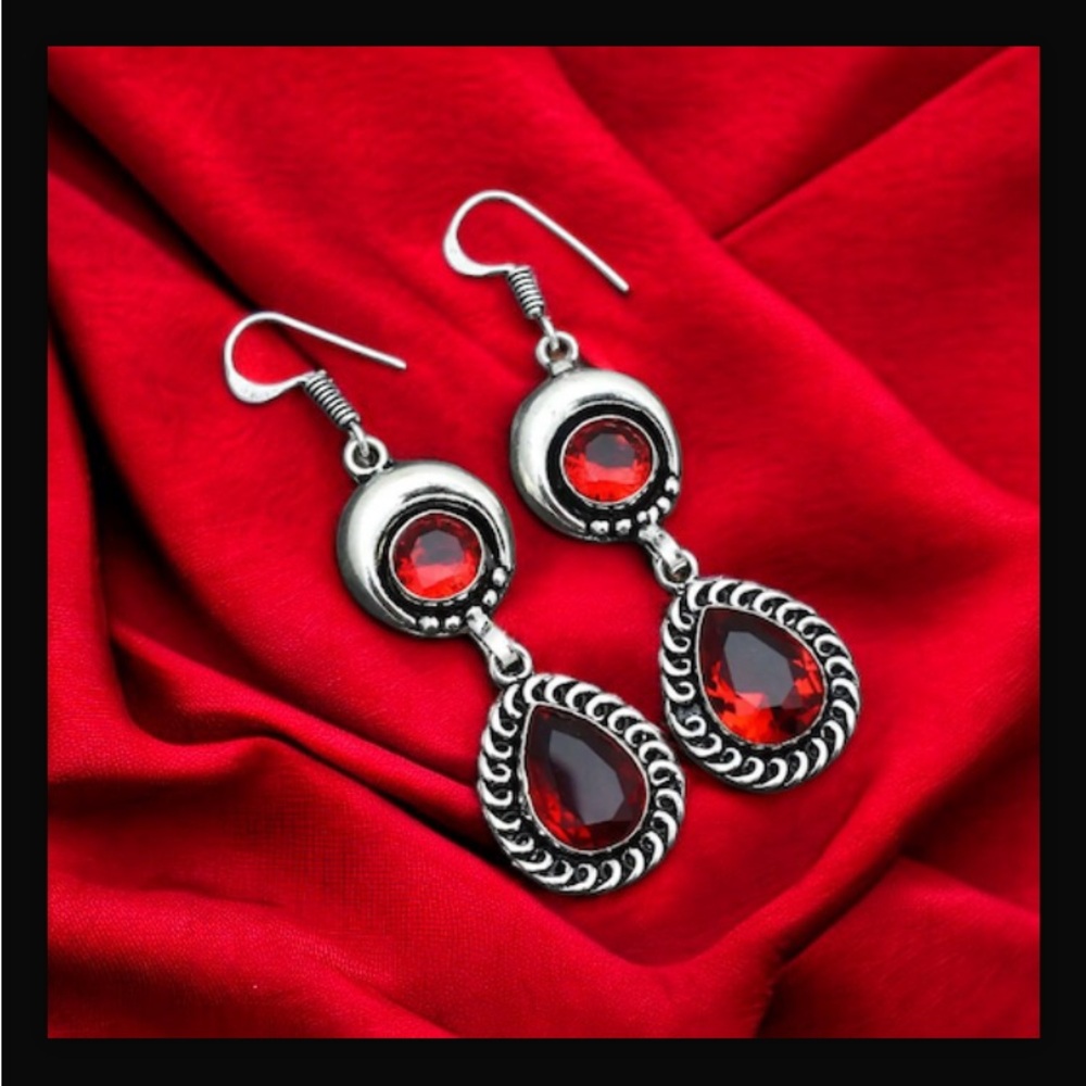 Garnet Red Gemstone Handcrafted Drop Style Dangle Hook Style Earrings 2.4" L NWT